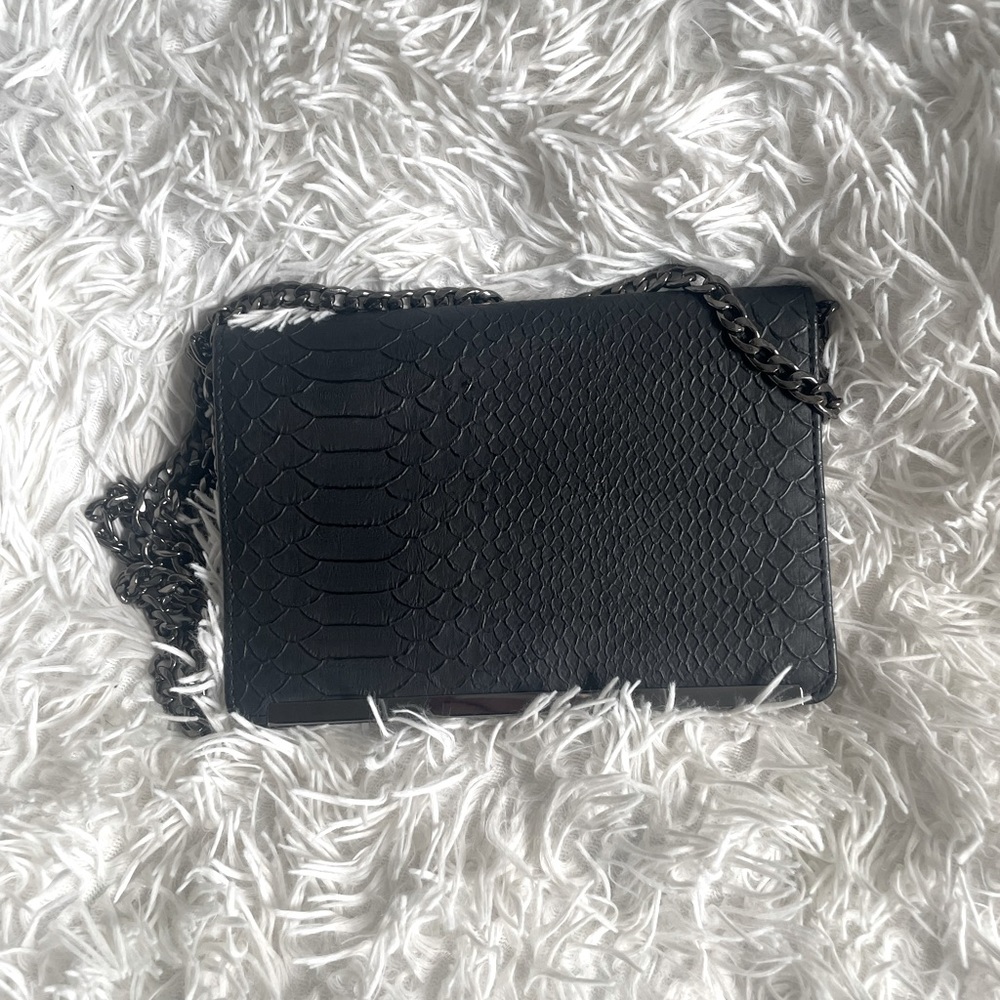 Black Faux Croc Skin Wallet on Chain WOC Crossbody with Black Chain